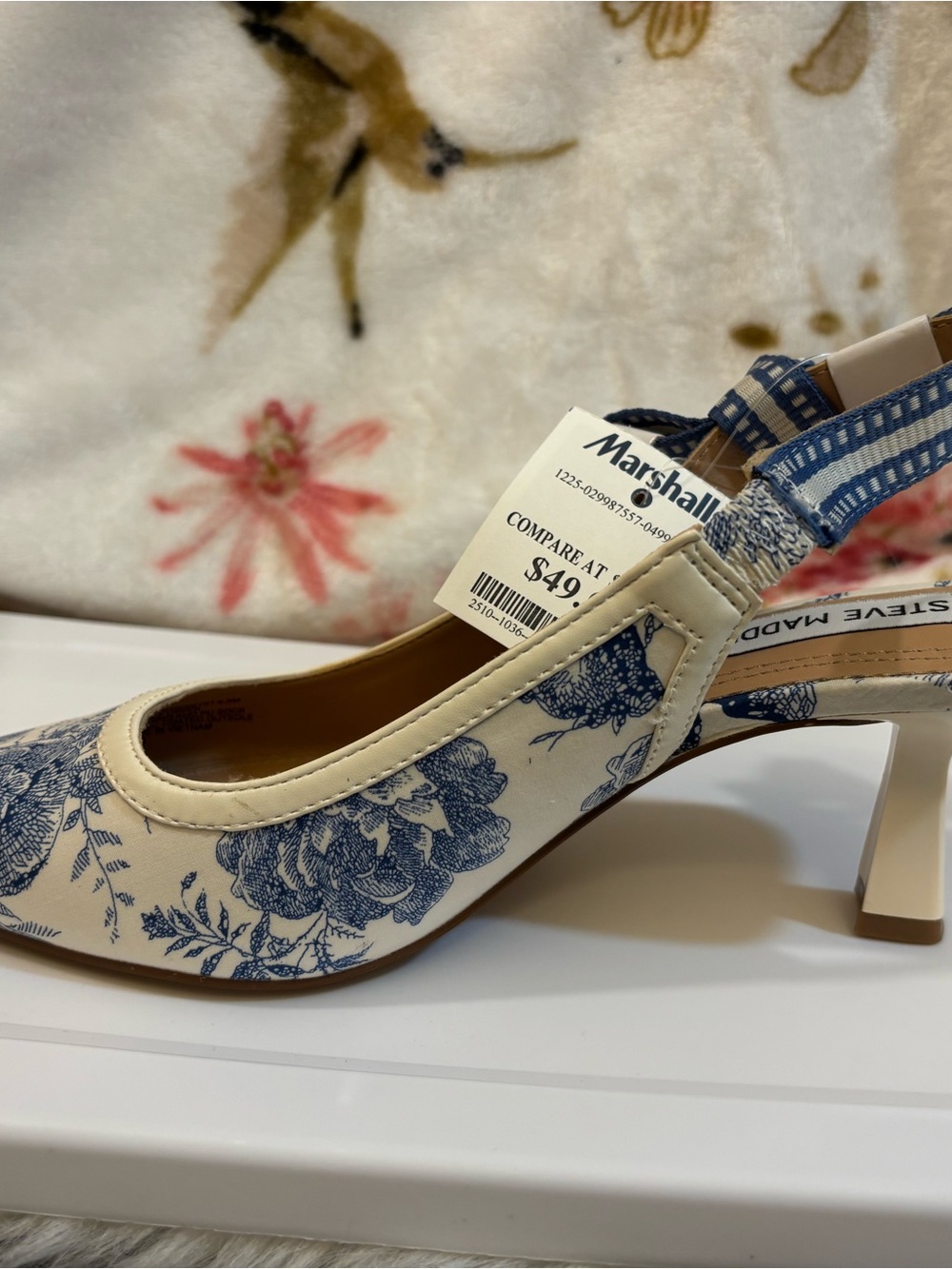 Steve Madden Cream Slingback Heels with Blue Floral Print